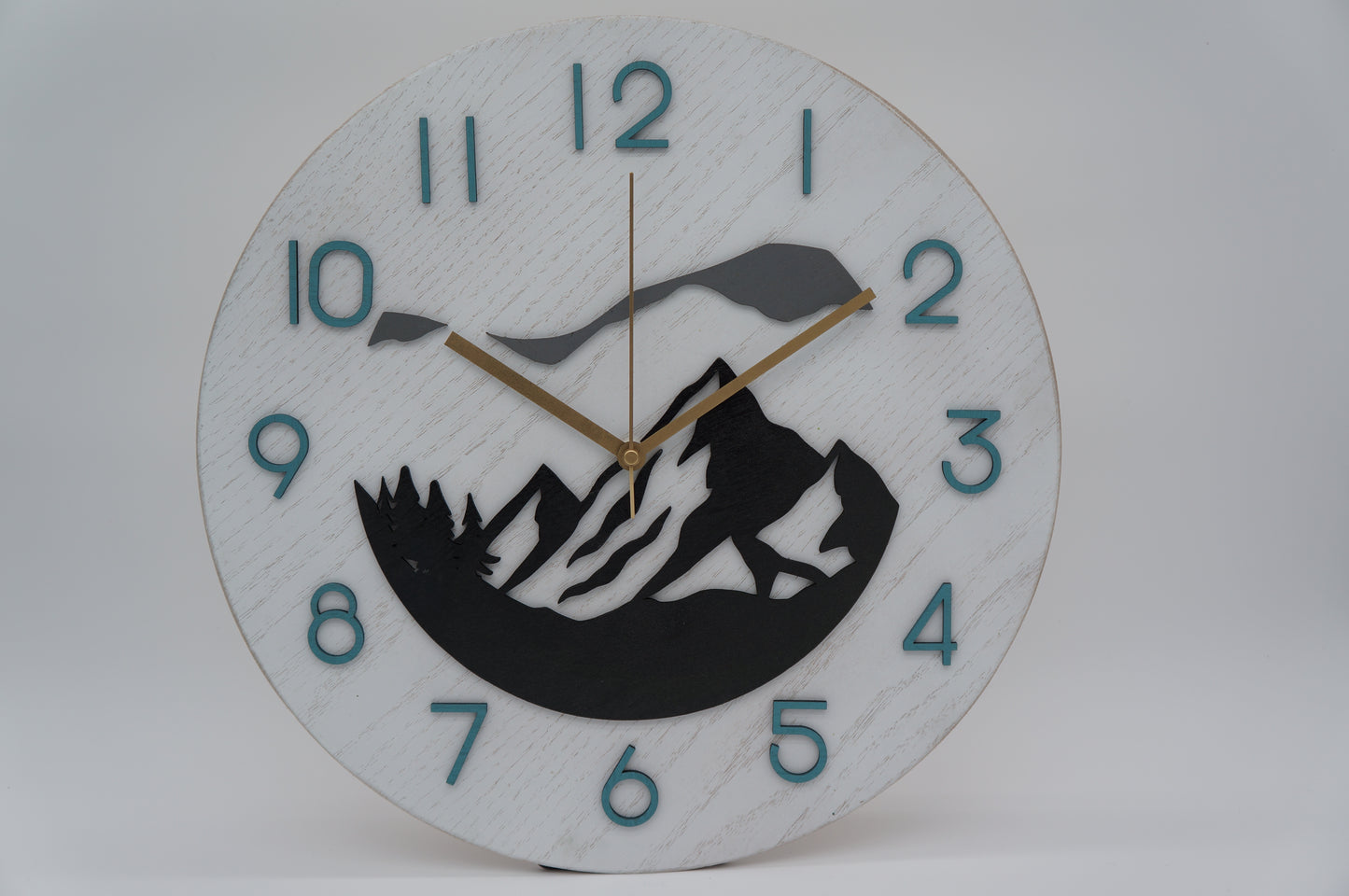 14" Mountain Themed Wood Clock, Teal and Gold