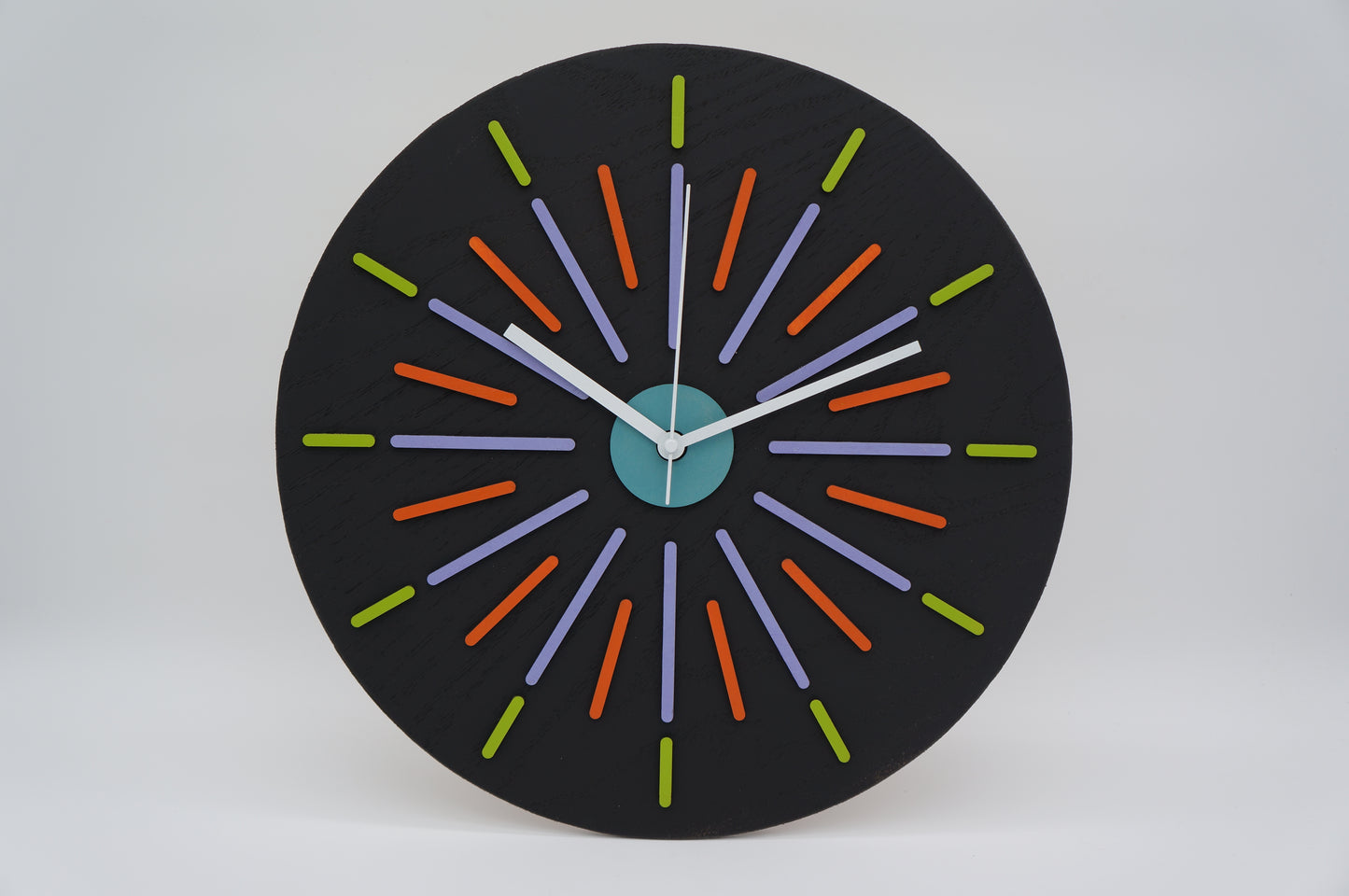 14" Star Burst Wood Clock, Lavendar Orange and Green