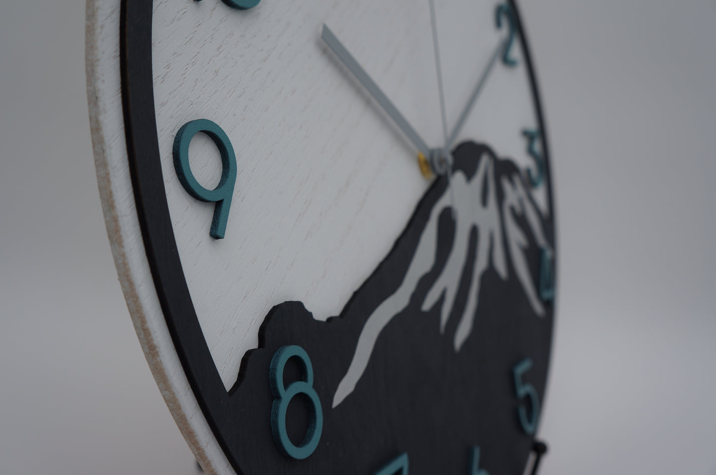 14" Mt. Rainier Wood Clock, White Vintage Teal