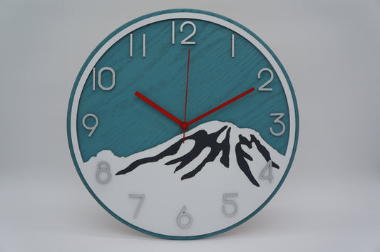 14" Mt. Rainier Wood Clock, Vintage Teal White